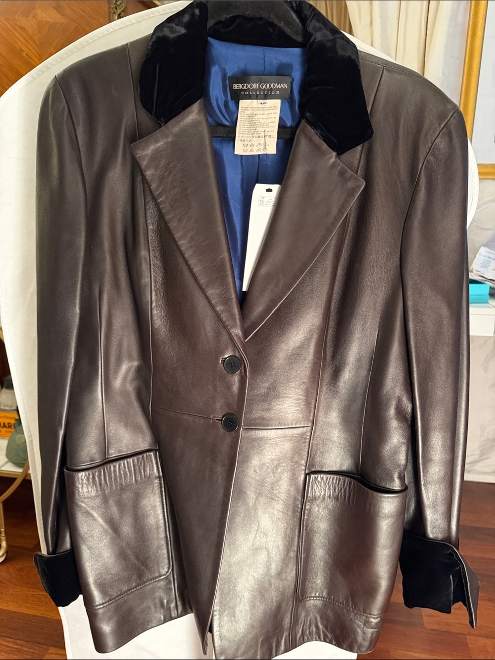 Bergdorf Goodman Women's Brown Leather Blazer with Velvet Collar